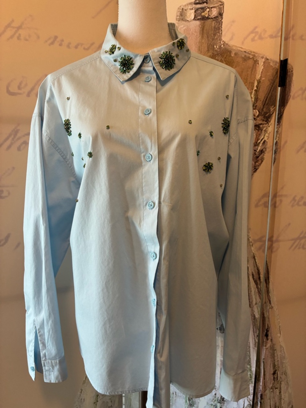 St. John's Bay Light Blue Cotton Button-Up Shirt w/ green/blue embellishments